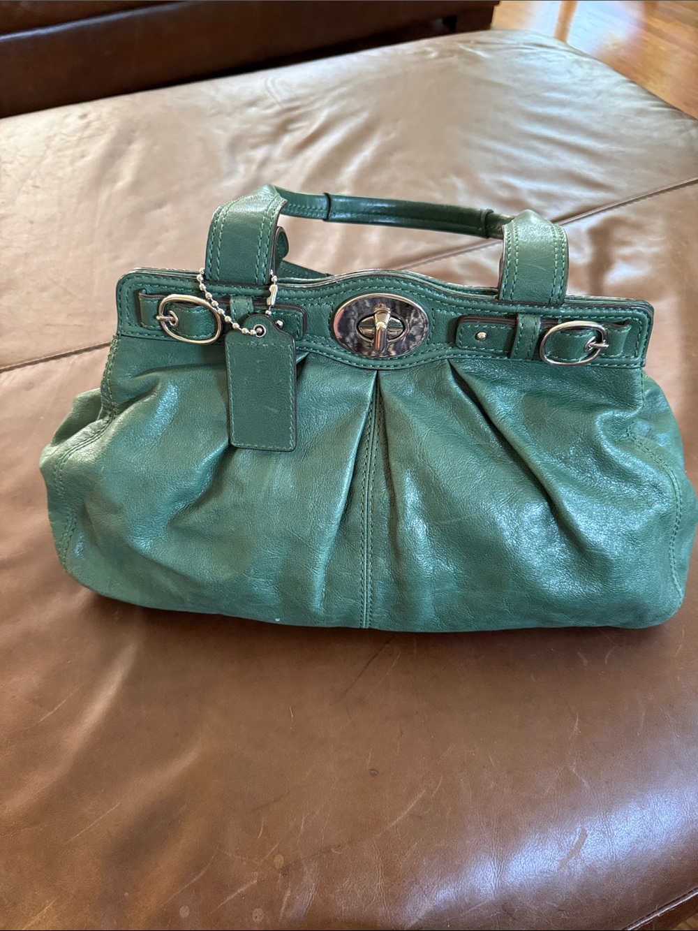 Coach Green Leather Pleated Satchel with Turn-Lock
